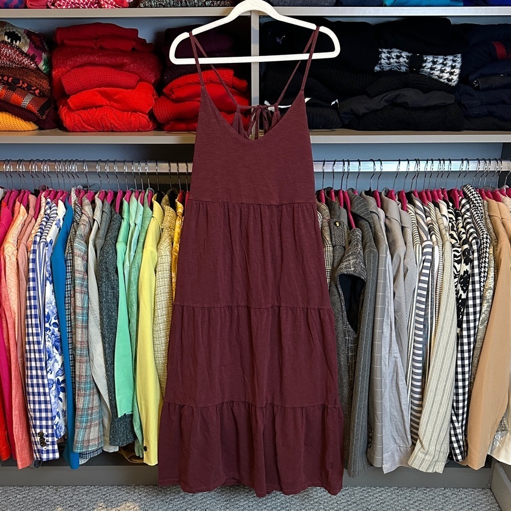 Old Navy dark aubergine back adjustable tie 2 pocket midi dress size S